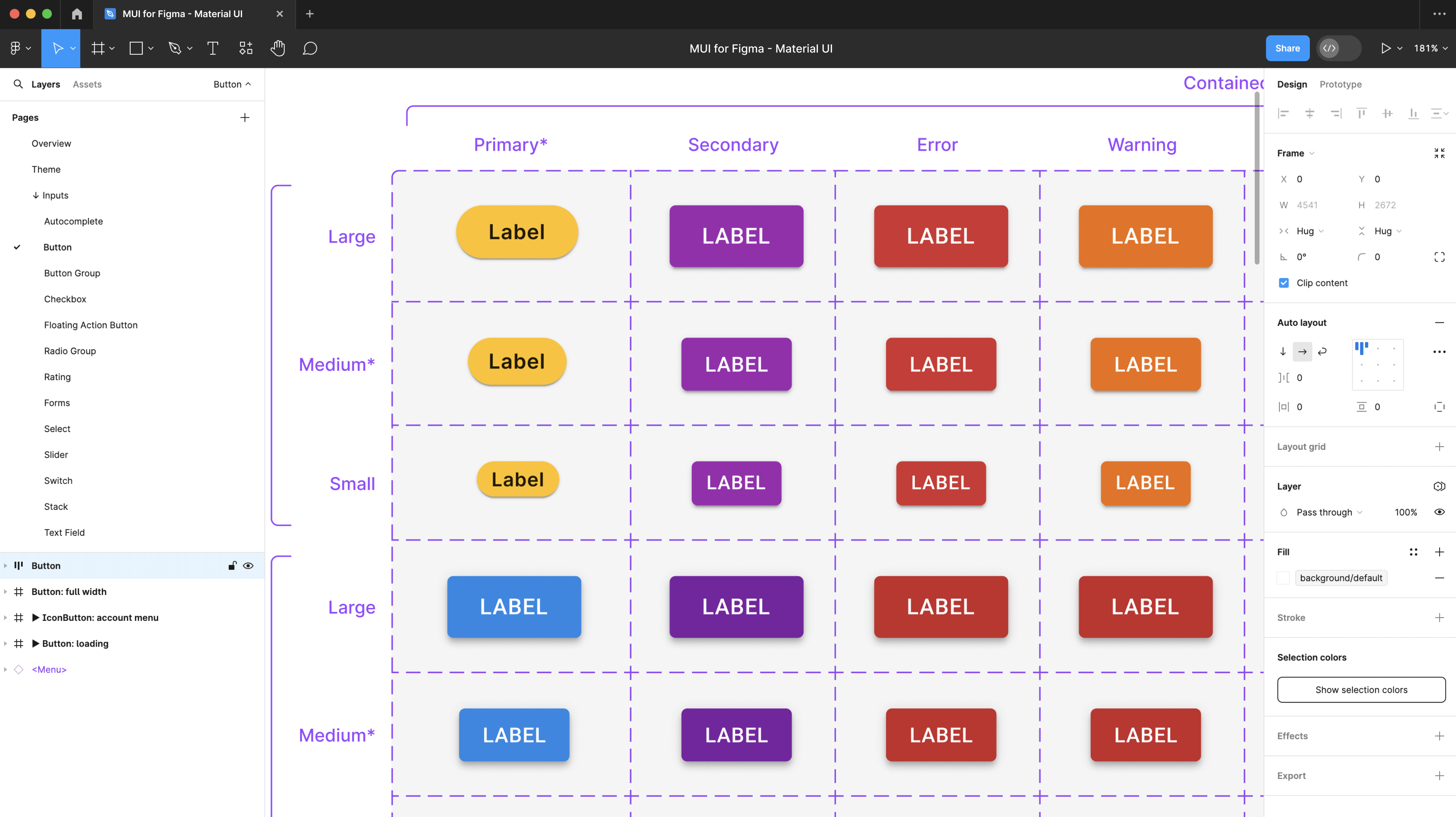 A bunch of customized Material UI buttons in the Figma Design Kit.